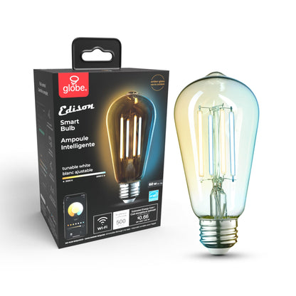 GLOBE Electric 34919 Wi-Fi Smart 5.5W (60W Equivalent) Straight Filament Tunable White Amber Glass LED Light Bulb, No Hub Required, Voice Activated, 2000K - 5000K, Vintage Edison Style, 500 Lumns