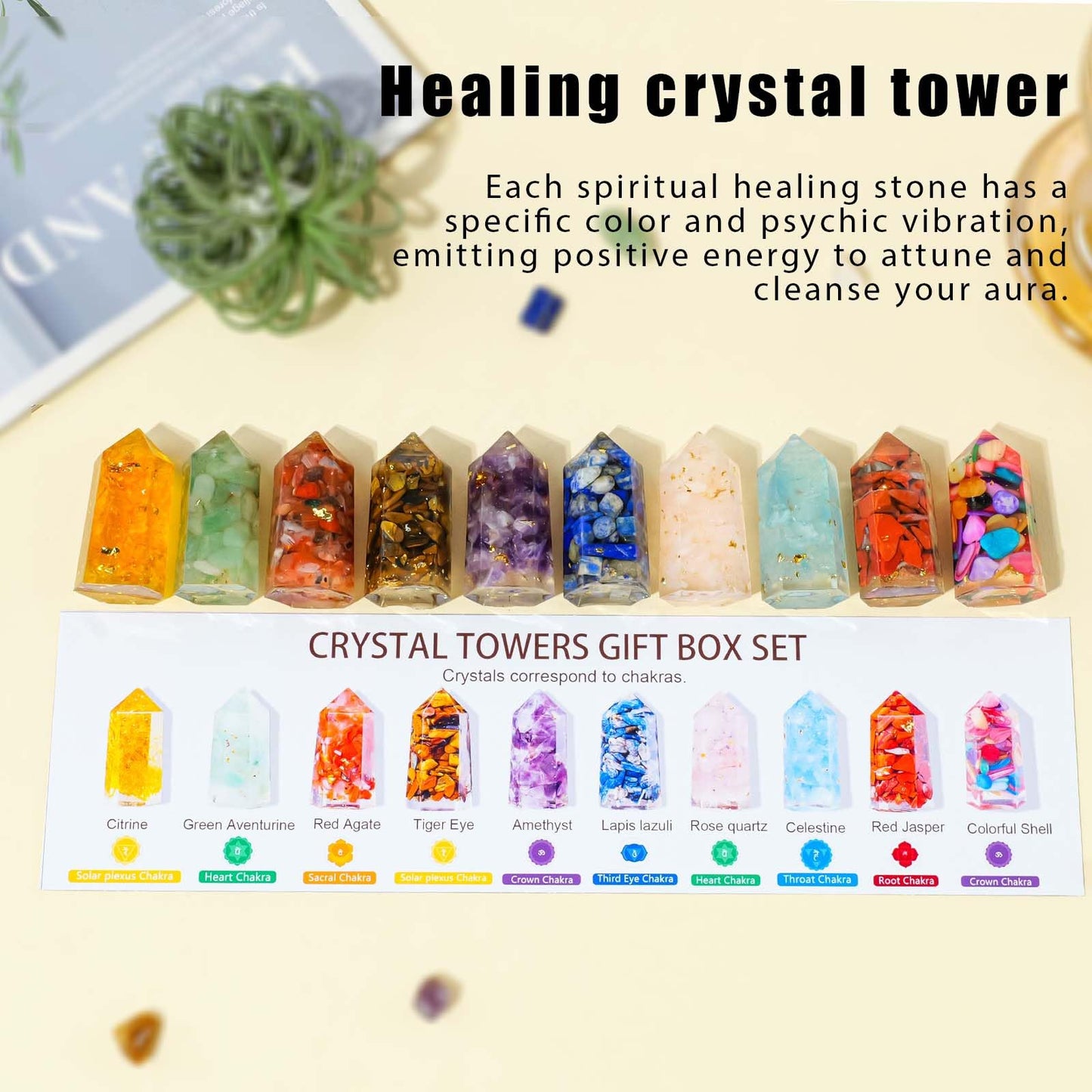 Runyangshi 10pcs Chakra Crystals Tower Set Handmade with Natural Crystal Gravel & Resin 6-Faceted Single Point Crystal Wand for Meditation Home Decor Gift (Chakra Set 10pcs C, 1.57"-1.96" (4-5cm))