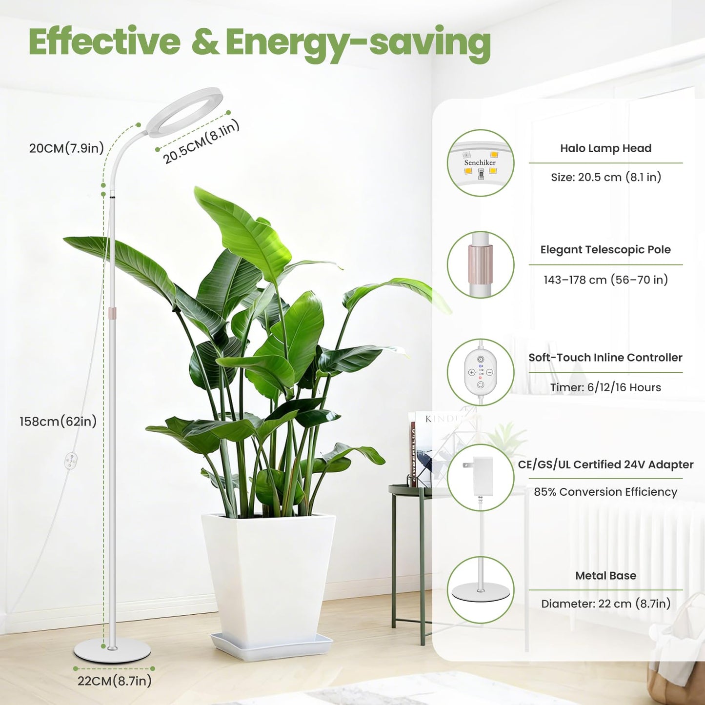Large Plant Lights for Indoor Growing 24V, 660nm-Enhanced Full Spectrum, LUMILEDS LED Grow Light, 8.1in Grow lamp with Timer & Dimming, Adjustable Height 22-70in, 20W, K20-W