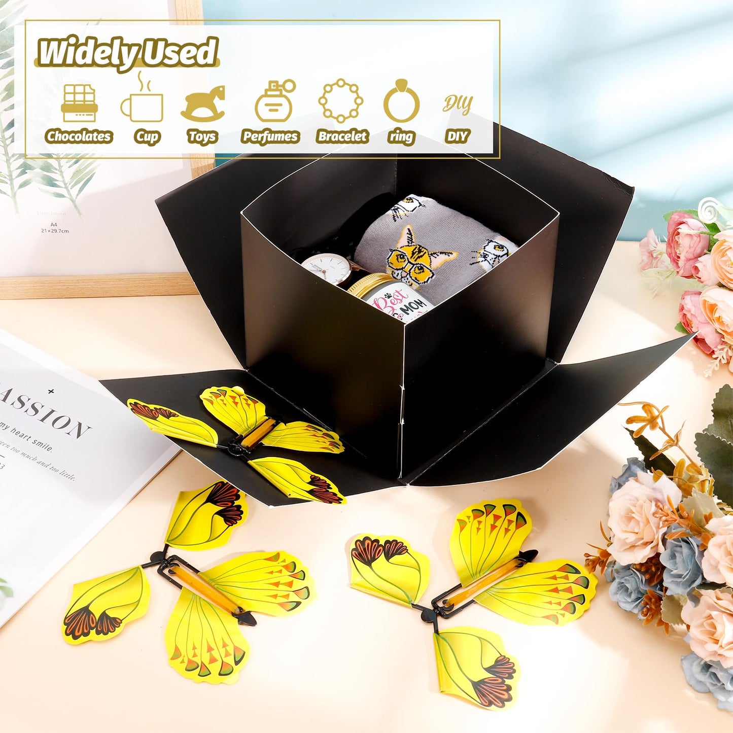 XLSXEXCL Butterfly Explosion Gift Box, Flying Butterfly Surprise Box for Birthday, Wedding, Anniversaries, Christmas (Black)