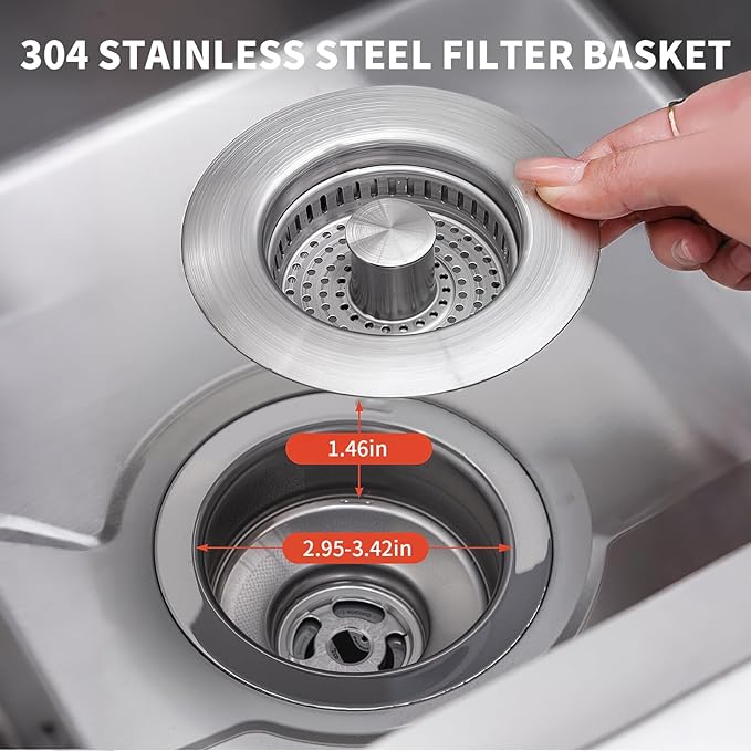 3-in-1 Kitchen Sink Drain Strainer Stopper – 304 Stainless Steel Pop Up Sink