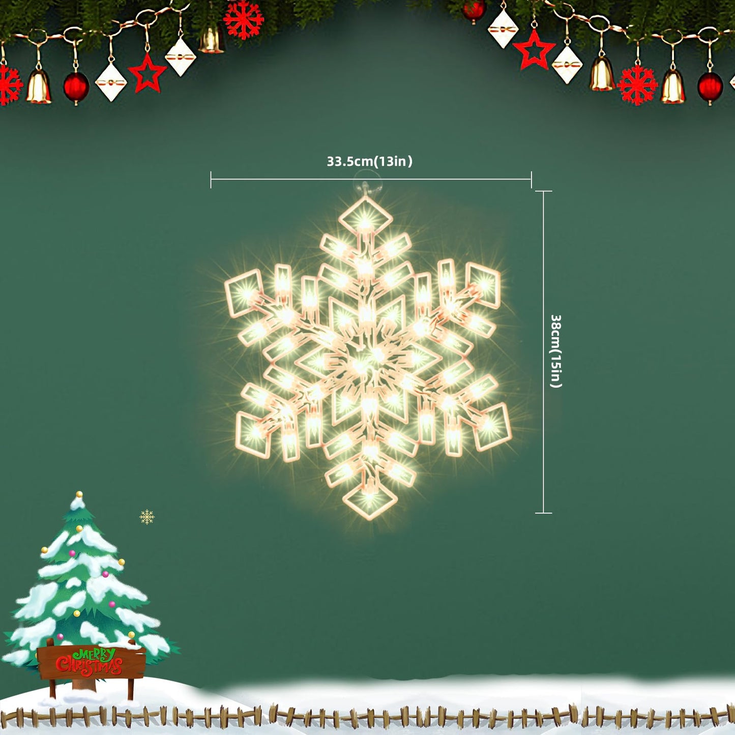 15-Inch Christmas Snowflake Light - Merry Holiday Decoration, Window Silhouette, Double Side Sign Lamp for Indoor Wall Door Glass