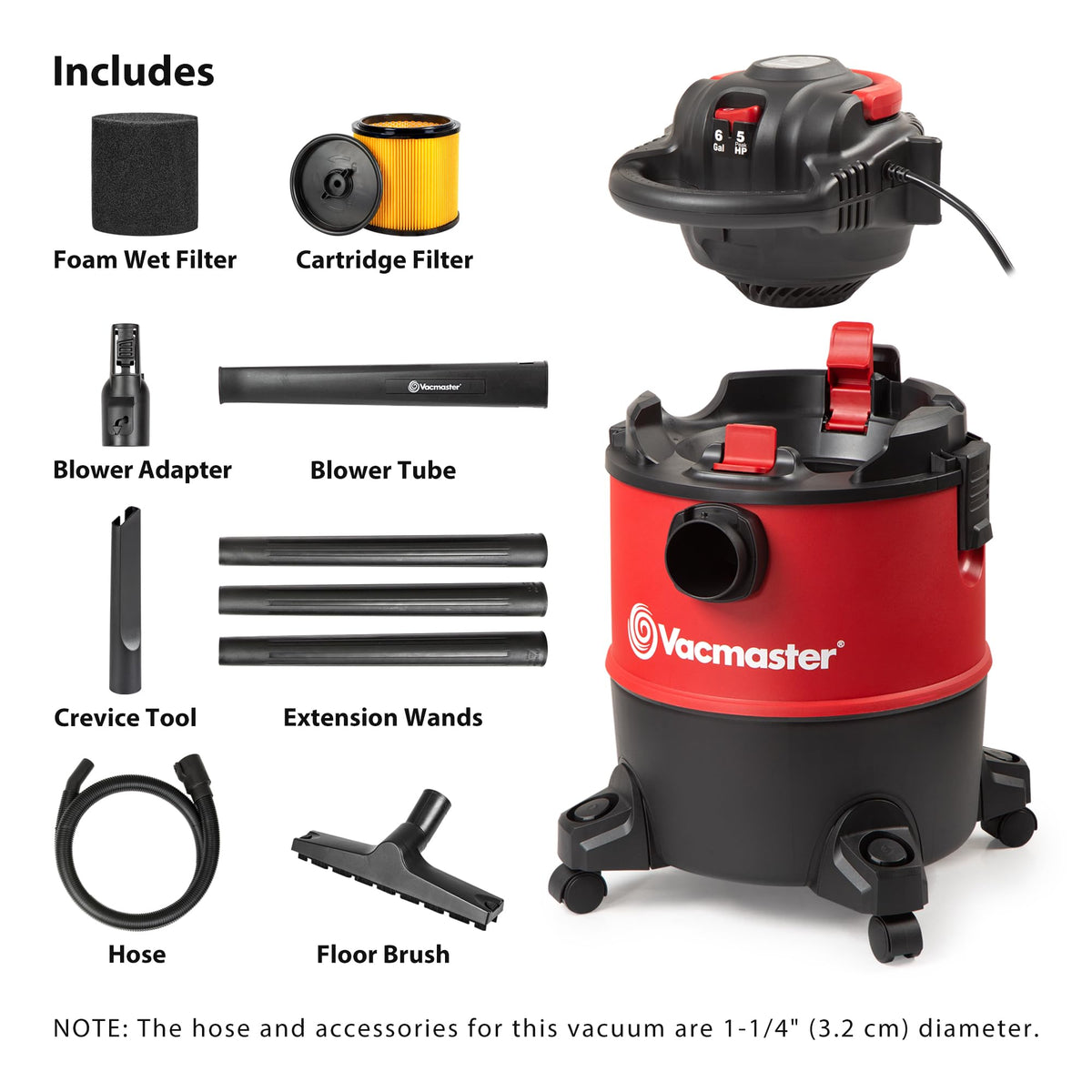 Vacmaster Wet/Dry Vacuum with Detachable Blower 6 Gallon 5 Peak HP-VBVB611PF 1101