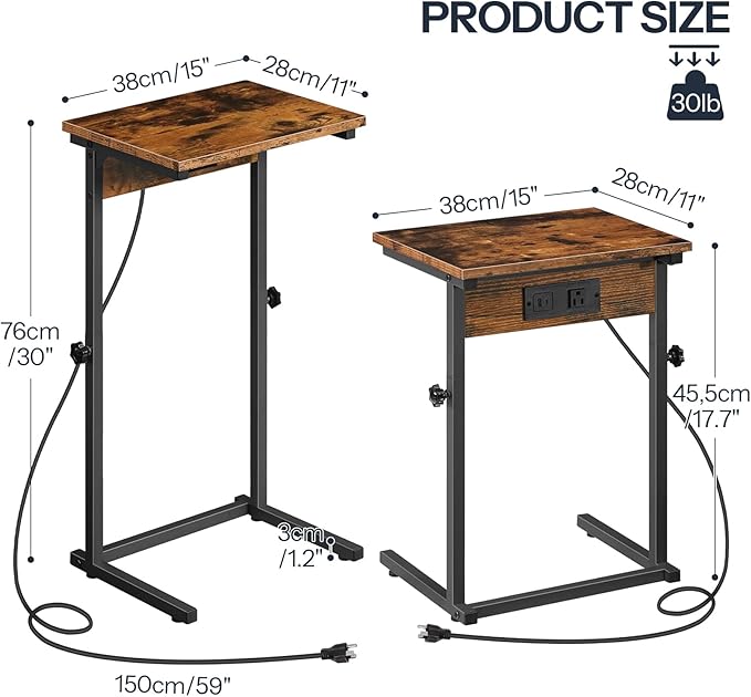 HOOBRO C-Shaped End Table with Charging Station, Adjustable Height Sofa Tray