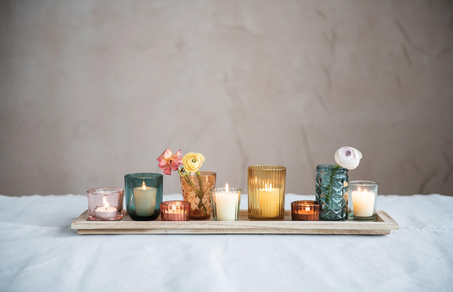 Creative Co-Op Round Glass Votive Holders on Wood Tray, Multicolor, Set of 9