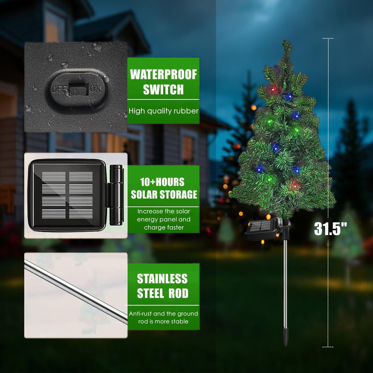 4PCS Solar Christmas Tree Garden Stake Lights Outdoor Waterproof Pathway Lights Xmas Tree Light for Lawn Patio Yard Front Porch Christmas Decor