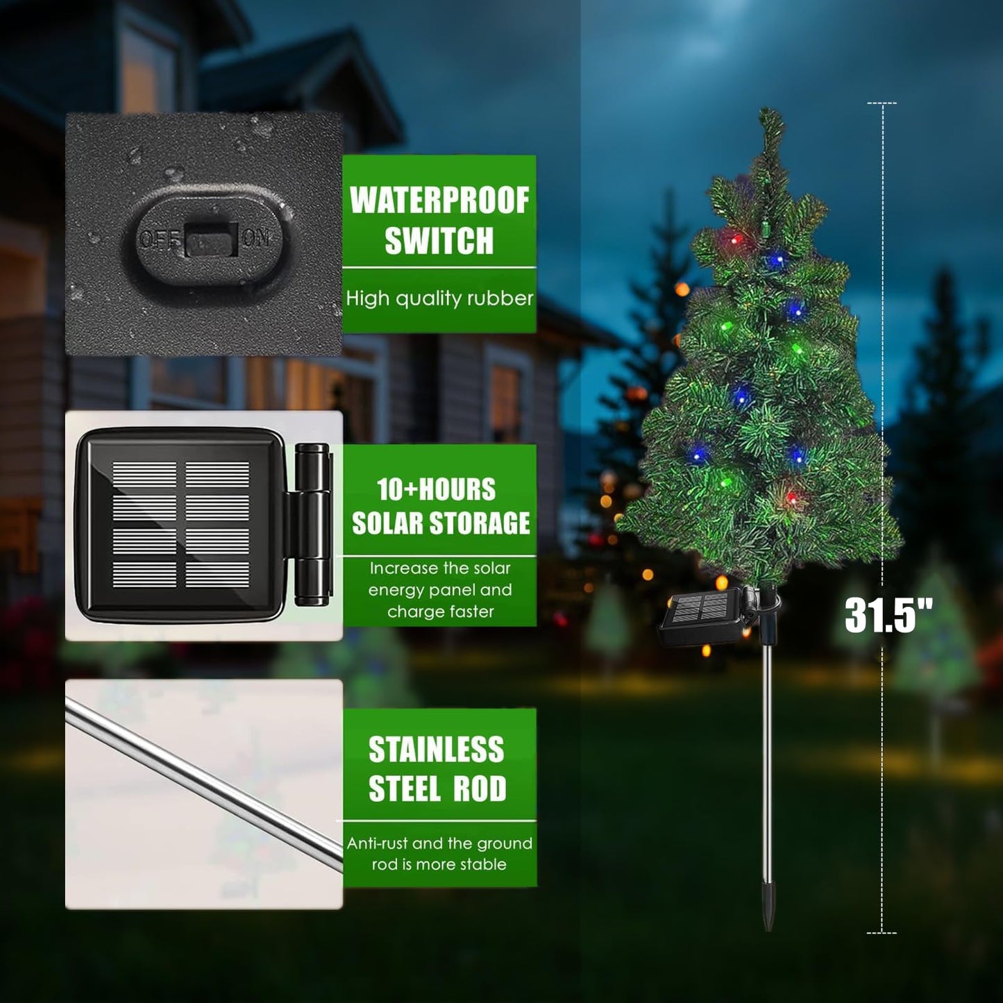 Solar Christmas Tree Garden Stake Lights Outdoor Waterproof Pathway Lights Xmas Tree Light for Lawn Patio Yard Front Porch Christmas Decor 2pcs