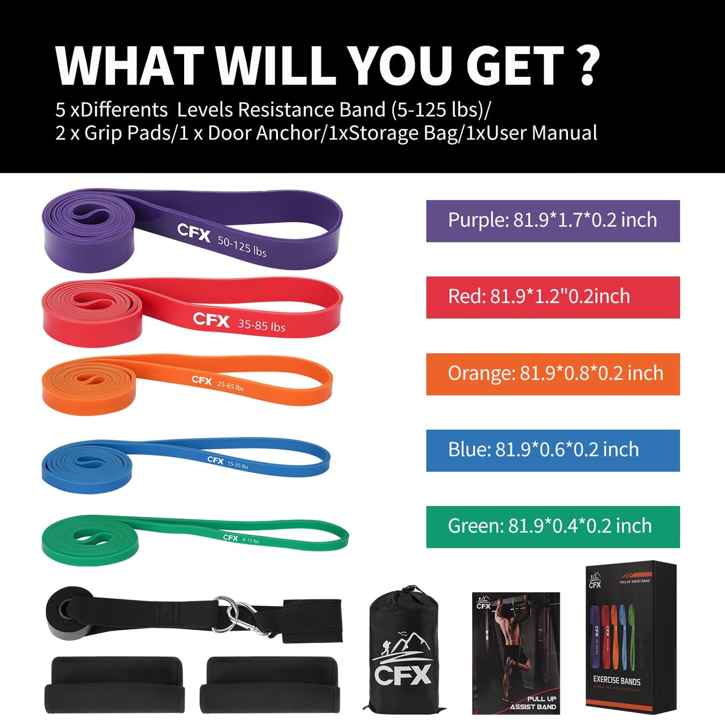 CFX Resistance Bands for Working Out,Pull Up Assistance Bands,Workout Bands for Exercise,Elastic Bands for Body Stretching,Crossfit Training at Home/Gym for Men & Women
