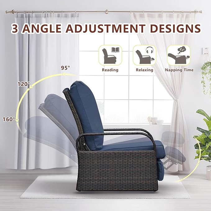 Art to Real Outdoor Wicker Recliner Chair with 5.5'' Cushions, Automatic Adjustable Patio Lounge Chairs, Aluminum Frame Reclining Chair for Lawn Backyard Porch Poolside Deck(Navy Blue)