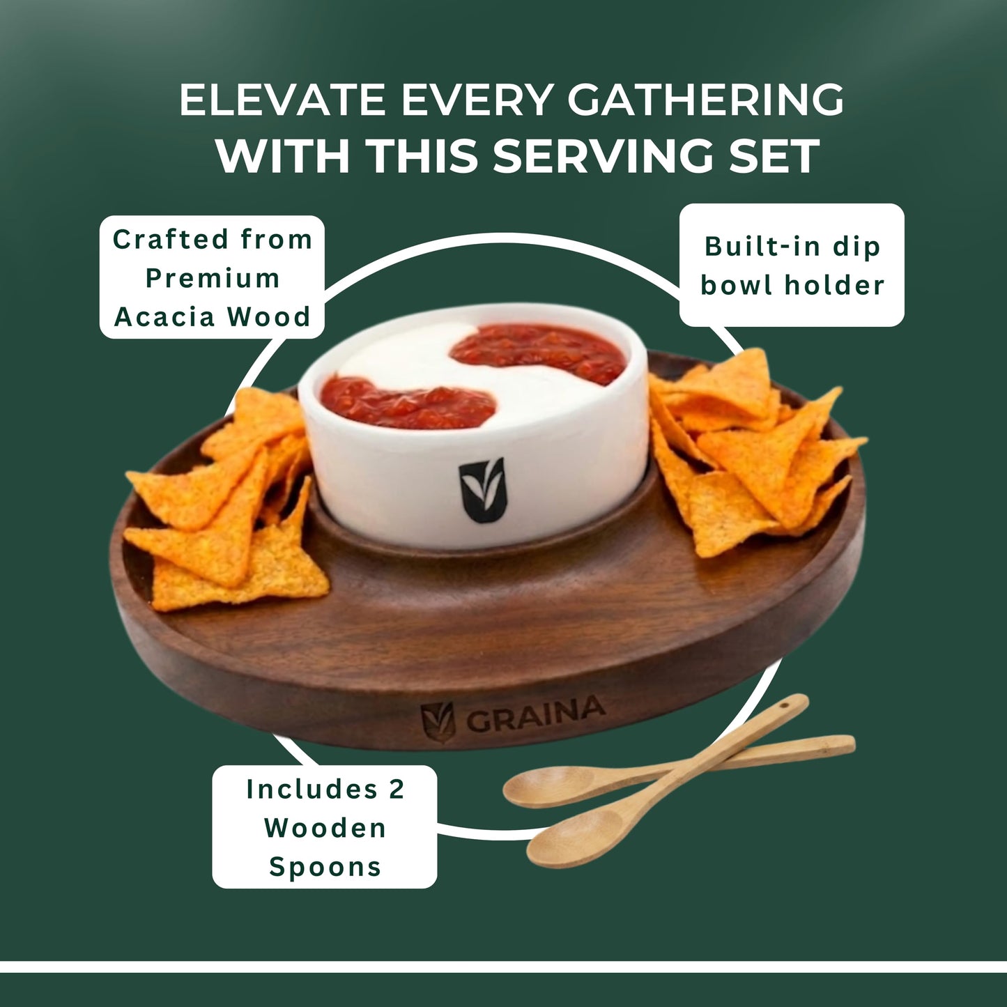 Graina Premium Wooden Chip and Dip Serving Tray Set – Dark Walnut Large Serving Tray with Ceramic Dip Bowl & 2 Wooden Spoons – Chip and Dip Bowl Set for Chips, Snack & Entertaining | Appetizer Platter