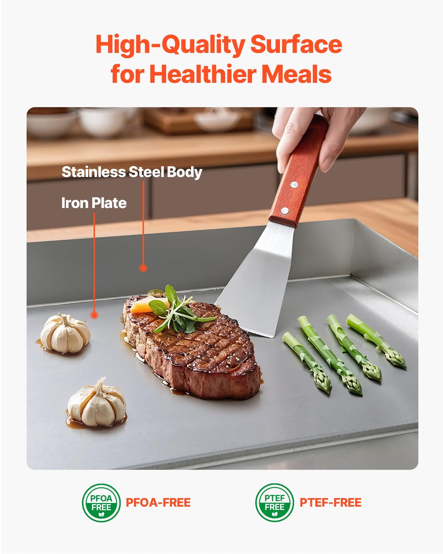 VEVOR Commercial Electric Griddle, 25.79 x 15.75 inch, 2800W, 122-570°F Adjustable Temp Control, Stainless Steel Body, Full Flat, with 2 Spatulas, 2 Brushes, and 4 Foot Pads, for Steak(NO PLUG)