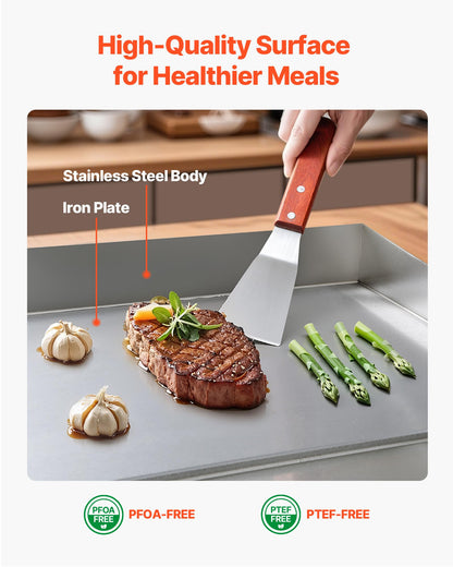 VEVOR Commercial Electric Griddle, 25.79 x 15.75 inch, 2800W, 122-570°F Adjustable Temp Control, Stainless Steel Body, Full Flat, with 2 Spatulas, 2 Brushes, and 4 Foot Pads, for Steak(NO PLUG)