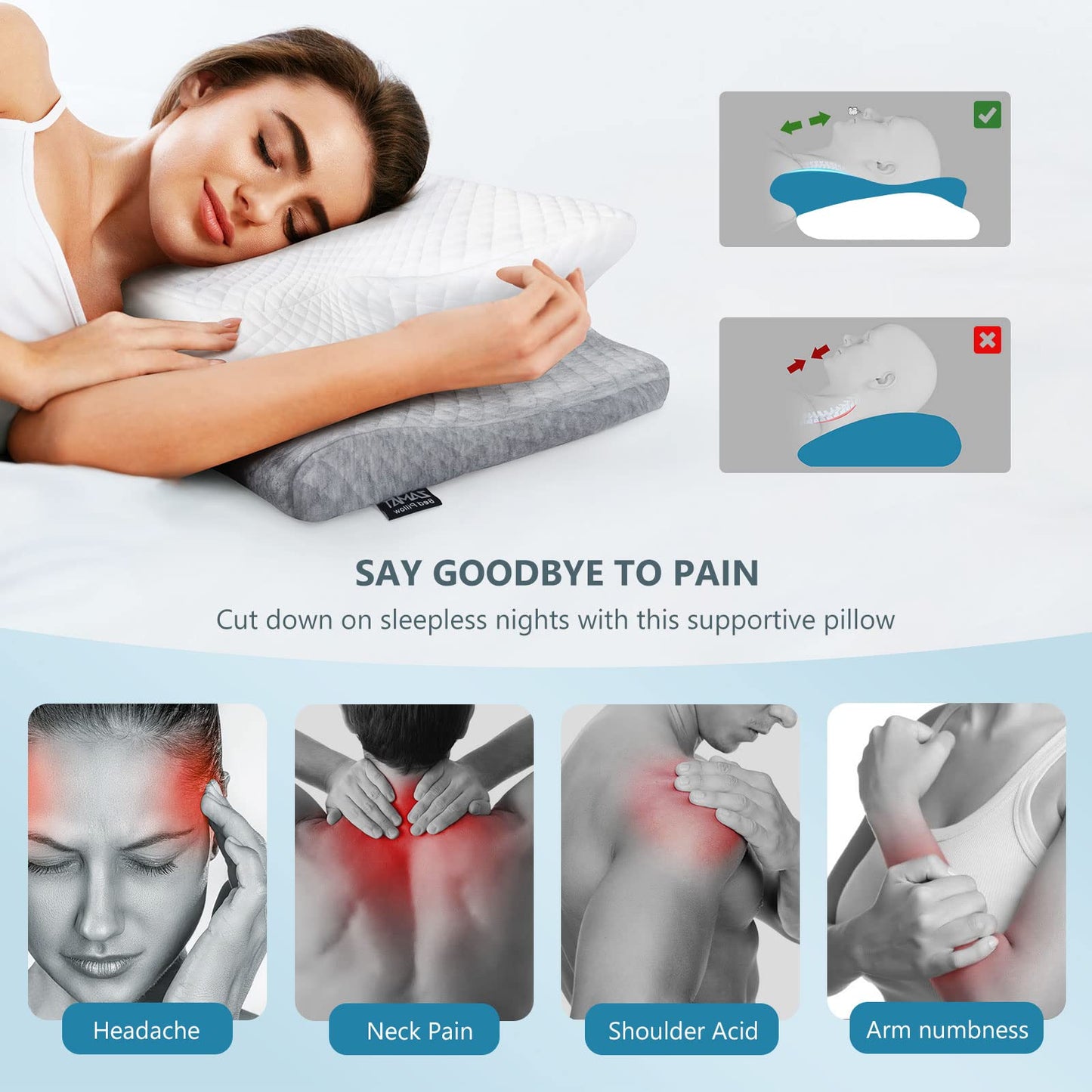 ZAMAT Adjustable Cervical Memory Foam Pillow, Odorless Neck Pillows for Pain Relief, Orthopedic Pillows for Sleeping with Cooling Pillowcase, Ergonomic Support Pillow for Stomach, Back, Side Sleeper