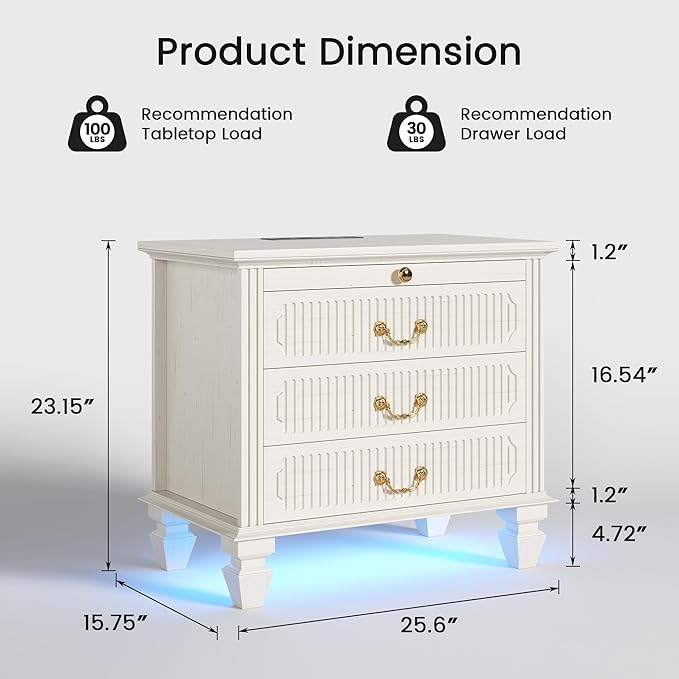 25.6'' Wide Bedside Table with 3 Drawers & Pull-out Tray, Smart Night Stand