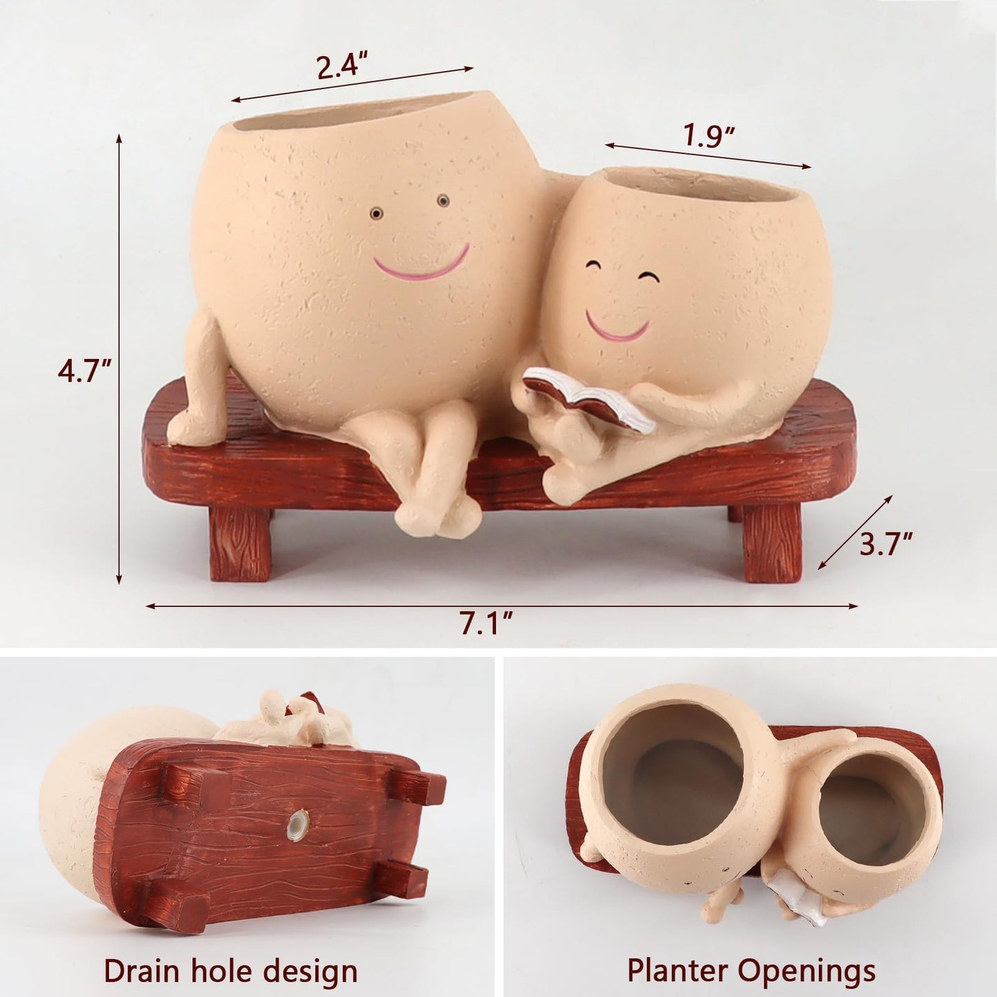 Meltset Cute Face Planter Pot - Funny Double Head Planter Sitting on Bench, Smiley Succulent Pot with Drainage Indoor and Outdoor, Unique Gift for Plant Lovers(Light Brown)