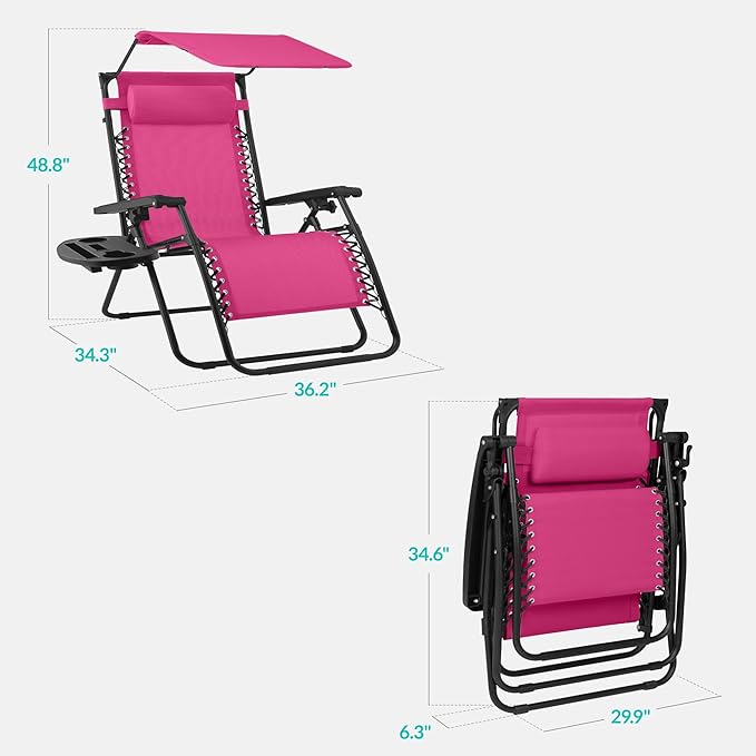 Best Choice Products 30” Wide Folding Zero Gravity Outdoor Recliner Patio Lounge Chair w/Adjustable Canopy Shade, Headrest, Side Accessory Tray - Hot Pink/Black