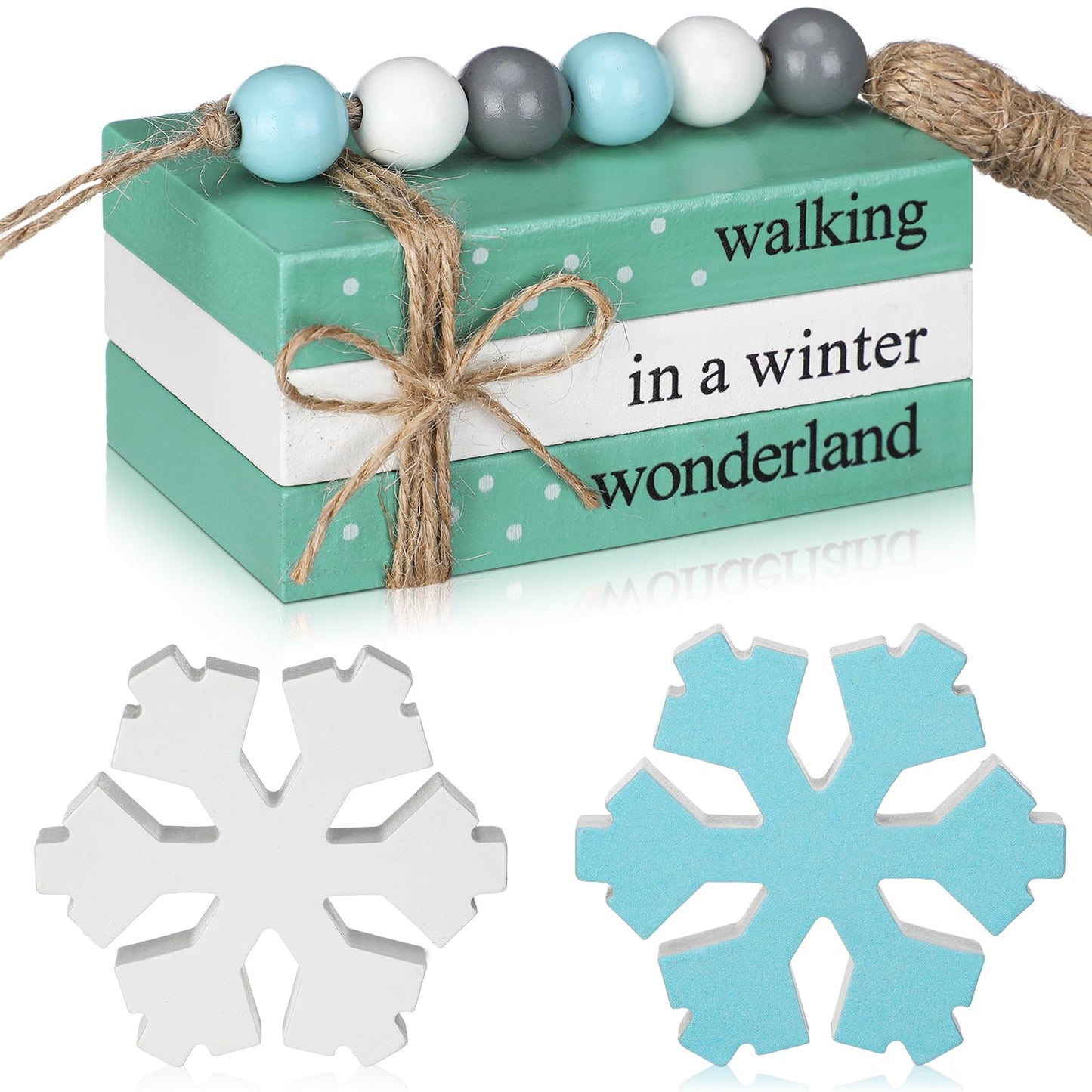 Yalikop 5 Pcs Winter Decor for Home Office Snowflake Wood Sign Blue White Snowflake Table Centerpiece Faux Books Bundle with Twine Beads String for Winter Decorations Wonderland Tiered Tray Decor