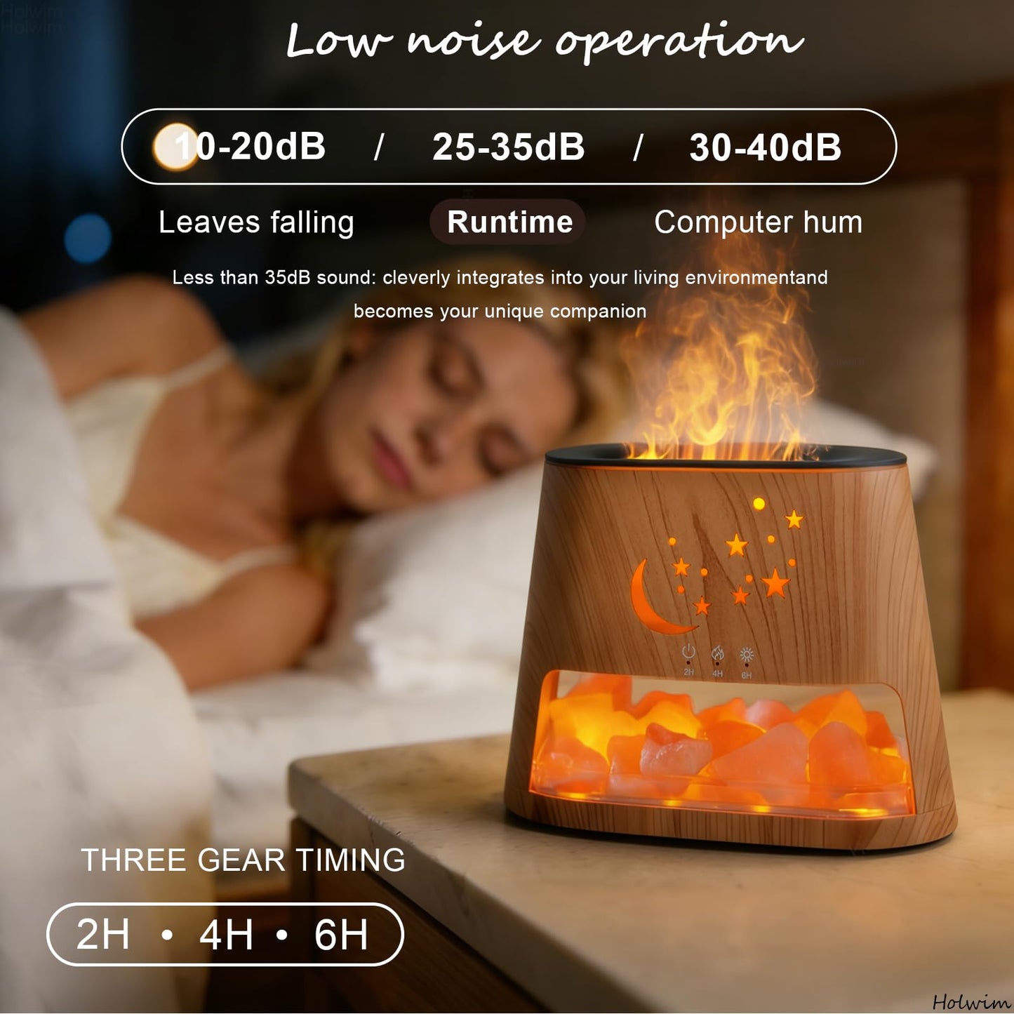 Flame Essential Oil Diffuser & Himalayan Salt Lamp: 260ml Aromatherapy Diffuser & Ultrasonic Cool Mist Humidifier with Himalayan Pink Salt Rock, Remote, 7-Color LED, 3 Timer (Moon Star + Wood Grain)