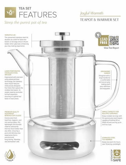 Teabloom Joyful Warmth Teapot with Tea Warmer – 50 oz (6+ Cups) Hand-Blown Borosilicate Glass, Stainless Steel Loose-Leaf Infuser, Heat-Resistant Kettle, Elegant Gift Set for Tea Lovers