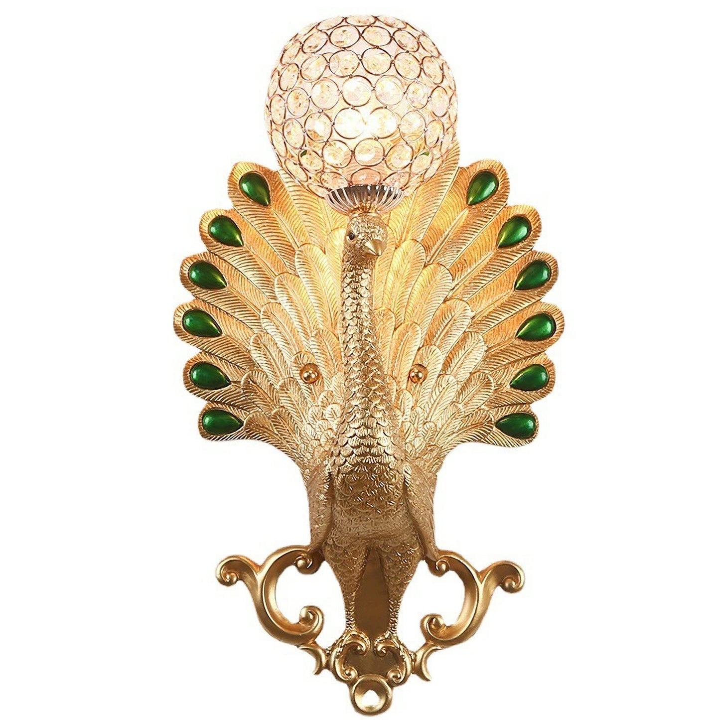 CEKUXPS Modern Resin Peacock Light Wall Sconce, Gold Crystal Wall Lamp, 20.4" x 12.2" x 12.2", Living Room, Bedroom, Kitchen, Dining, Study, Hallway