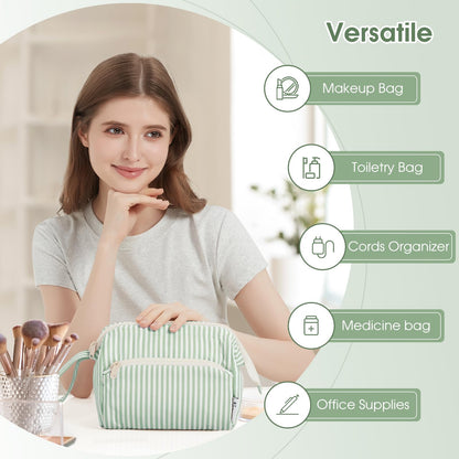 Narwey Large Makeup Bag Wide-Open Zipper Pouch Travel Wash Bag Toiletry Bag Cosmetic Organizer for Women (Mint Green Stripe)