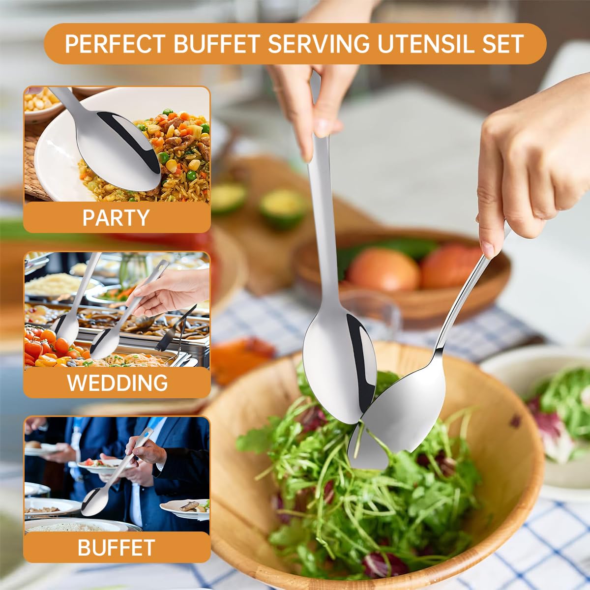 13-Inch Large Stainless Steel Serving Spoons Set, Long Handle Buffet Utensils, Dishwasher Safe (Silver, 8 piece)