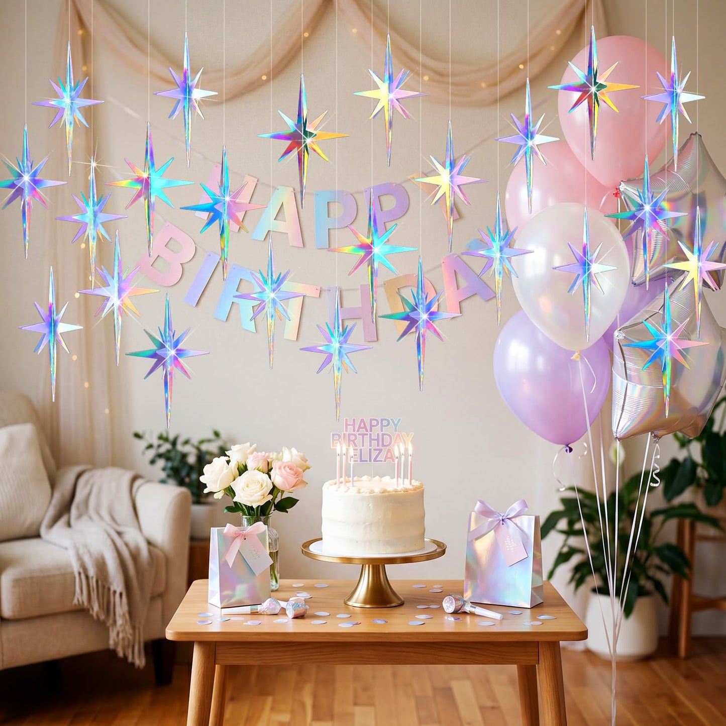 Novabright 16 Pcs Iridescent Hanging Star Party Decorations 3D Glittering Iridescent Explosion Star Ornaments 4.7" for Y2k Unicorn Disco Birthday Party Wall Ceiling Decor