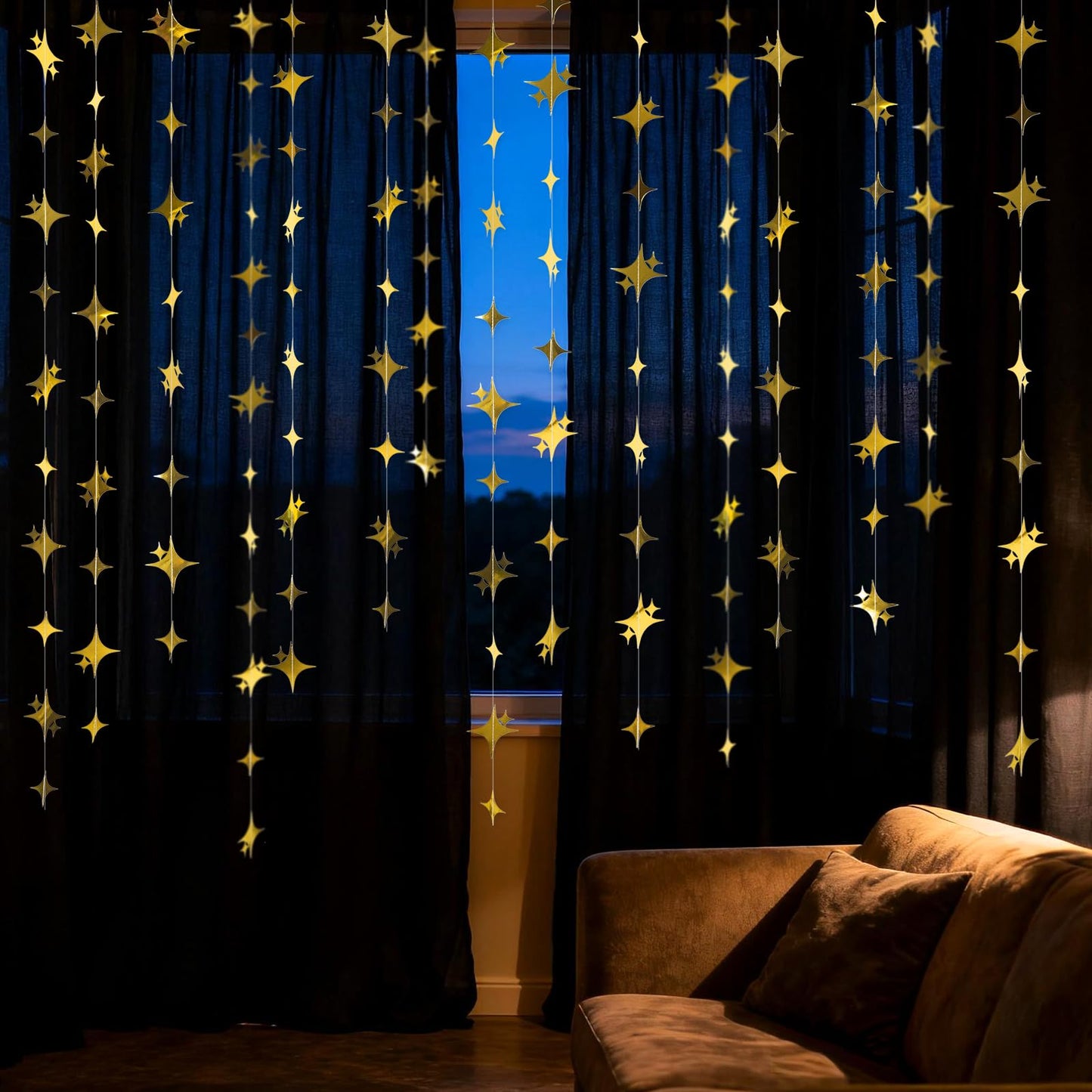 jijAcraft Glitter Gold Four-Angle Star Garland Decorations Hanging Garands Banner Backdrop, Star Party Decoration for Birthday Baby Shower Wedding Kids Room Ramadan EID Graduation Decor (39 Feet)