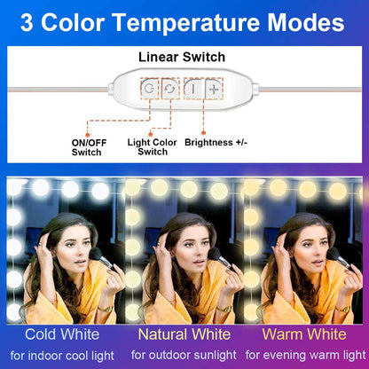 Hollywood Style Mirror Lights Kit DIY, LED Vanity Makeup Lamp 14 Globe Bulbs Dimmable Stick on to Mirror USB with 3 Light Colors & 10 Brightness Levels for Dressing Table Room, Bathroom, Bedroom