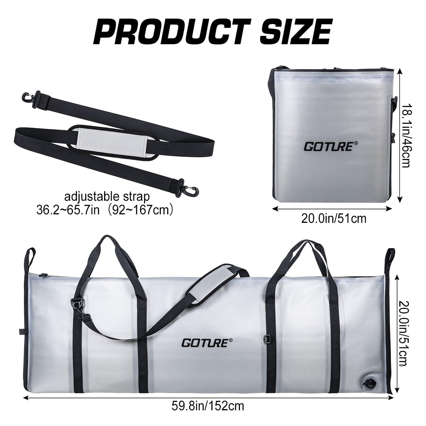 Goture Insulated Fish Cooler Bag, 840D TPU Leakproof Fish Kill Bag with Airtight Zipper, Large Waterproof Fishing Cooler Bag with Carry Handle, Drain Plug, Keep Ice Cold All Day, 59.8inx20in