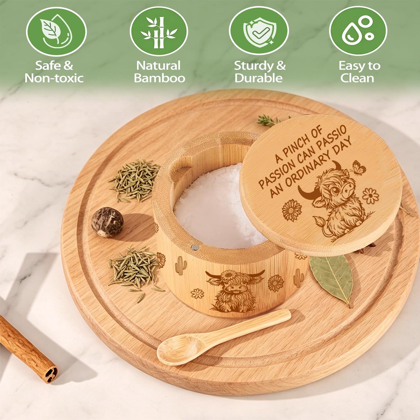 bxsgxin Bamboo Salt Cellar with Swivel Lid Highland Cow Salt Container Built-in spoon and magnetic clasp Ideal for salt, sea salt, pepper, sugar and spices（cow）