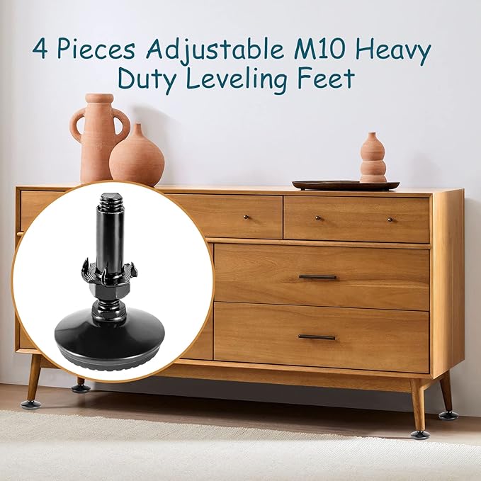 4 Set M10 Leveling Feet with 4-Pronged T Nut, Adjustable Leg Levelers Heavy