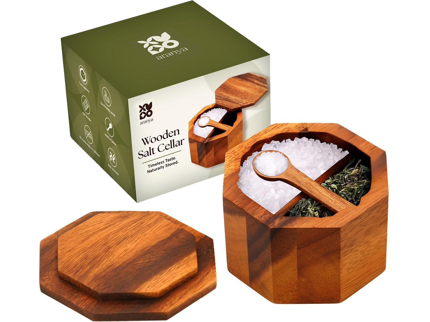 ARANYA Wooden Pepper and Salt Cellar with Lid and Spoon Set Keeper Two Compartments Spice Seasoning Wood 7oz. Container for Countertop Kitchen Storage Sea Salt Box Holder with Anti-Slip Feet Slip