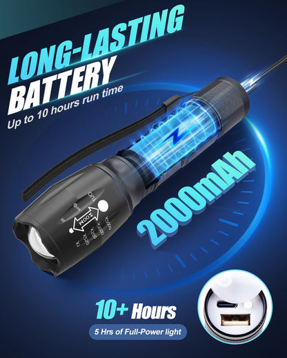Maxesla Rechargeable LED Torch Set High Lumen, IP65 Waterproof, 5 Modes, Zoomable Pocket Torch Led Super Bright Flashlight, Battery Powered Torch for Camping, Hiking, Outdoor, 18650 Battery Included
