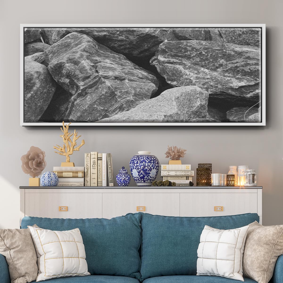 Renditions Gallery Floater Framed Home Décor Black Textured Rock Painting Canvas Hanging Decoration for Lounge Kitchen Bedroom - 20"x50" White Frame LT621