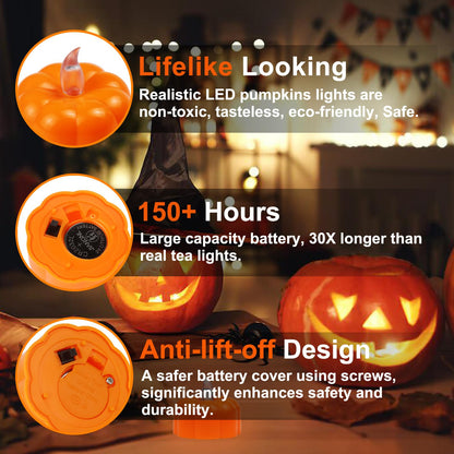 CESOF Thanksgiving Decorations Pumpkin Tea Lights Fall Decor, 12 Pack LED Orange Pumpkin Lights Flameless Candles Battery Operated, Halloween Flickering Tealight Candle for Home Table Indoor Party