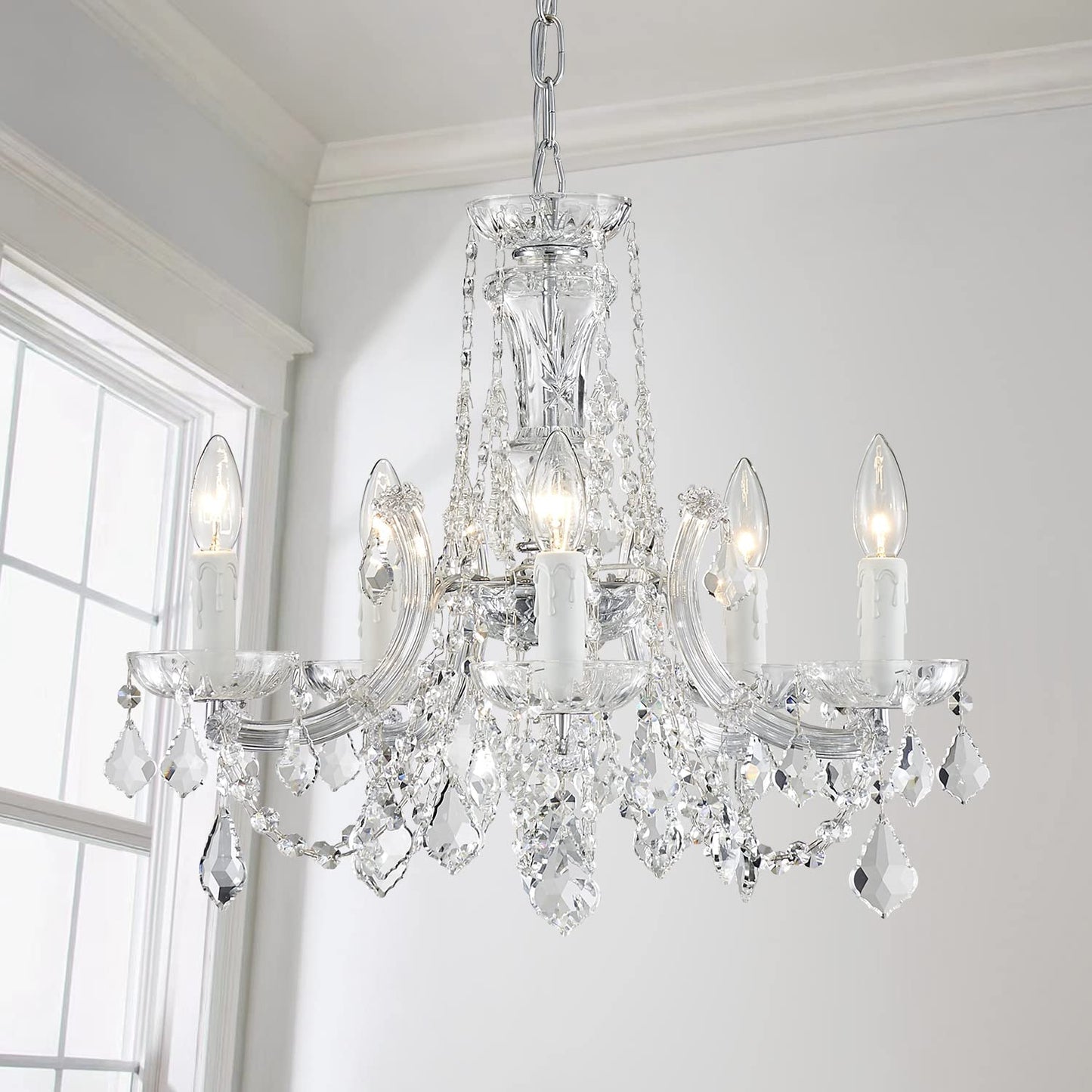 AGV LIGHTING CH001S Modern K9 Crystal Chandelier, Maria Theresa Style Light Fixture, 5-Lights, D20 x H18, Adjustable Chain 59", Chrome Finish Frame