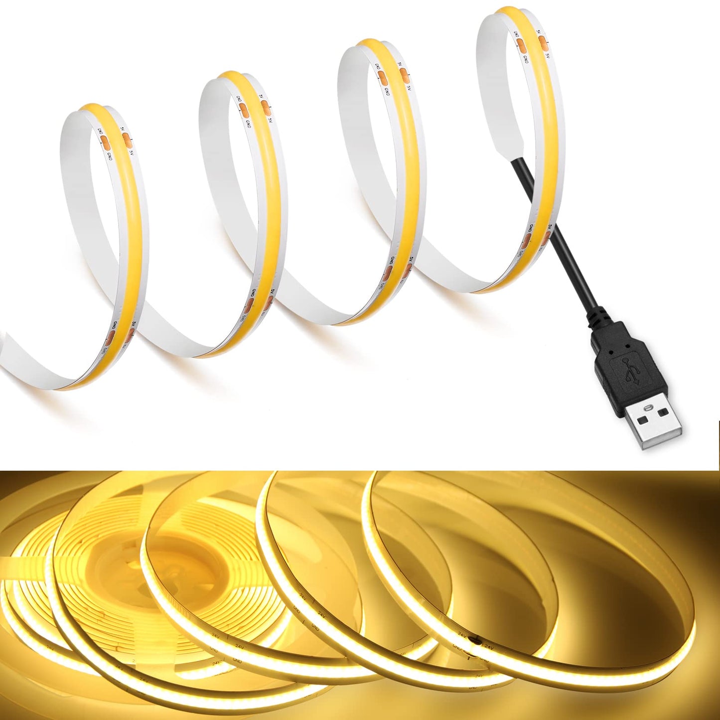 MDee】COB LED Strip Lights 3000K Warm White 16.4ft/5m USB Powered 5V Flexible LED Tape Lights with USB Connector CRI 90+ 800LM/m 320LEDs/m for Indoor and Outdoor Décor（3000K Warm White16.4ft/5m）