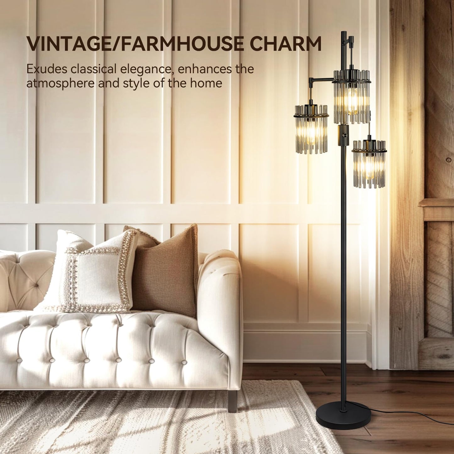 Dimmable Black Crystal Standing Farmhouse Tree Floor Lamp for Living Room
