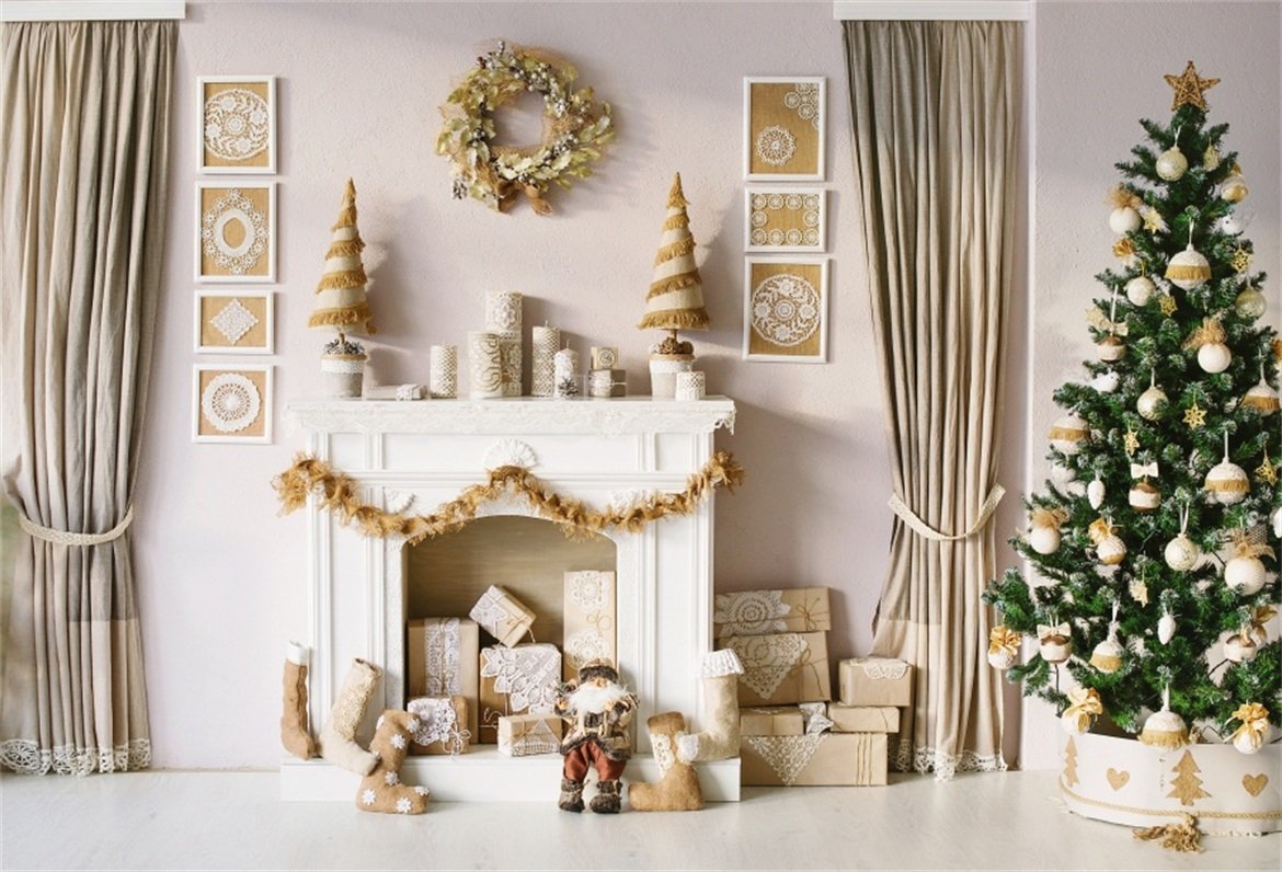 AOFOTO 10x7ft Christmas Interior Decoration Backdrop Holiday Xmas Tree Fireplace Gift Garland Wreath Photography Background Chic Snowflake Crafts Stockings Gift Box Photo Studio Props Vinyl Wallpaper