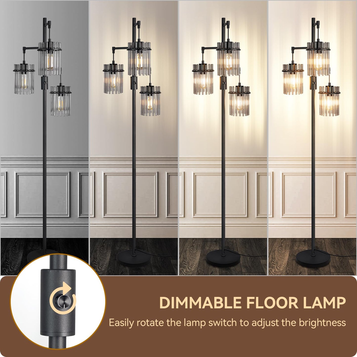 Dimmable Black Crystal Standing Farmhouse Tree Floor Lamp for Living Room