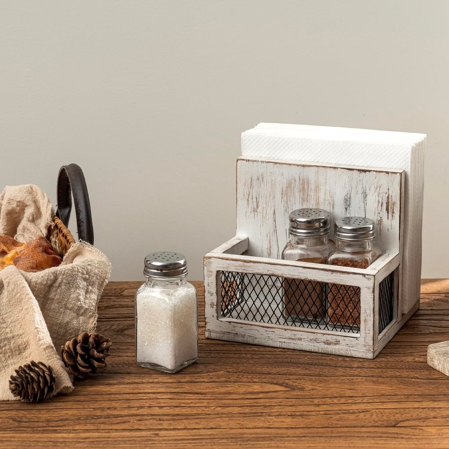 FARM IN Napkin Holder, Farmhouse Multifunctional Napkin Holder with Salt and Pepper Shakers Holder for Home and Commercial Use, Rustic Solid White Washed Wood & Diamond Metal Wire Mesh