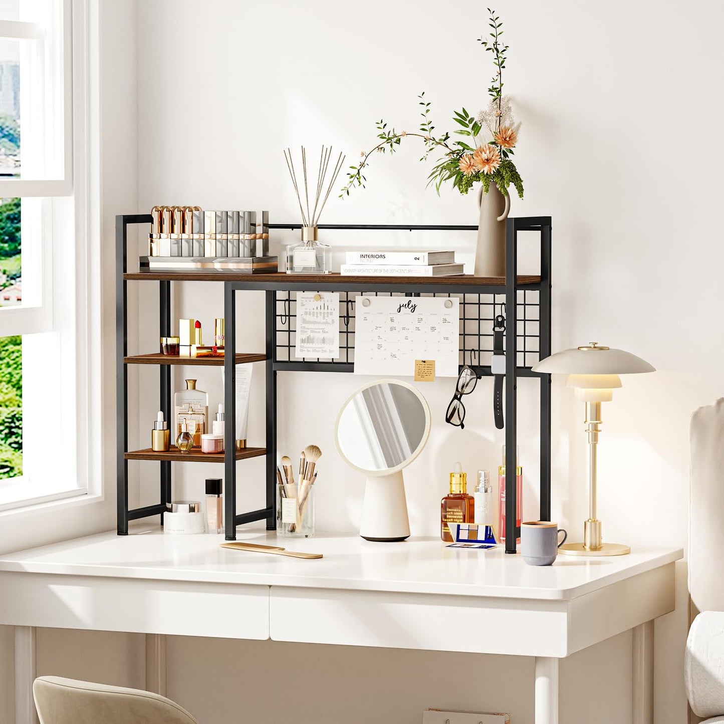 Snughome Desk Shelf, 38.6" Desktop Organizer Shelf, Desk Hutch for Computer Monitor, 4 Tier Desktop Display Rack with Pegboard Hooks Set, Wood Desktop Bookshelf for Home Office Dorm