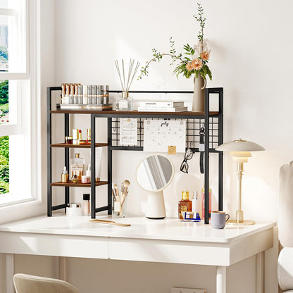 Snughome Desk Shelf, 38.6" Desktop Organizer Shelf, Desk Hutch for Computer Monitor, 4 Tier Desktop Display Rack with Pegboard Hooks Set, Wood Desktop Bookshelf for Home Office Dorm