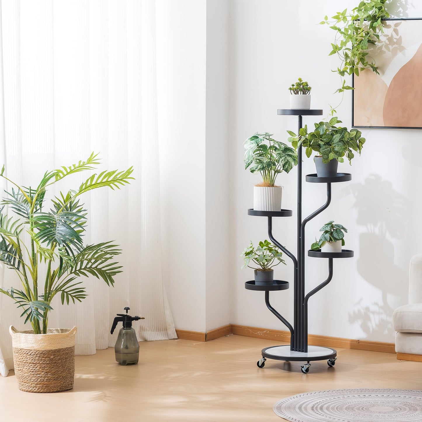 CHPHI 5 Tier Indoor Plant Stand Wrought Iron, Tall Metal Plant Stand with Wheels, Metal Rolling Plant Shelf with 5 Trays, Multi-tier Rolling Display Stand for Home and Office(Black)