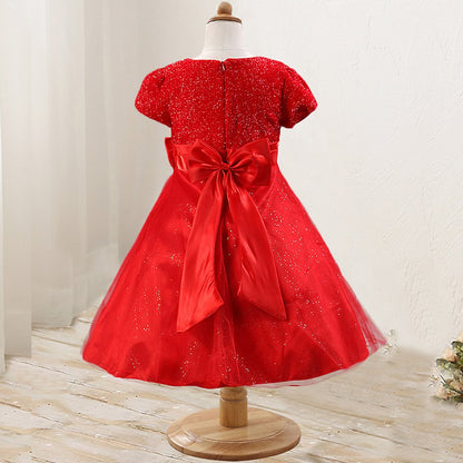 Toddler Girls Christmas Party Dress Bow Elegant Brilliant Tulle Lace Bridesmaid Wedding Dress L006_Red-3