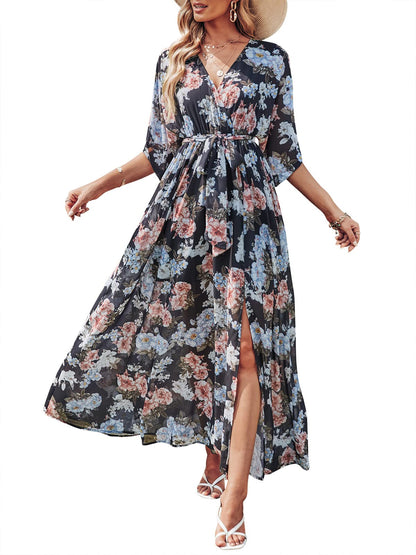 ANRABESS Womens 1/2 Sleeve Beach Wedding Guest Maxi Dresses 2025 Fall Wrap V Neck Boho Floral Flowy Slit Long Summer Dresses