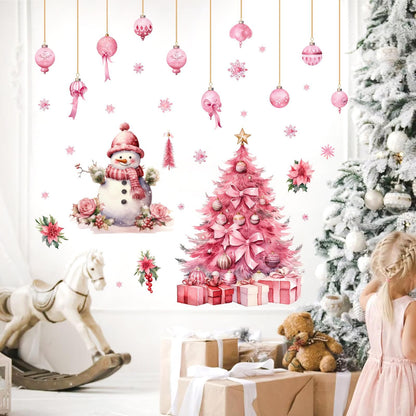 Large Pink Christmas Tree Wall Stickers Christmas Wall Decals Peel and Stick Snowman Stickers for Christmas Home Decor Indoor Hanging Ball Snowflake Art Murals for Living Room Xmas Party Supplies