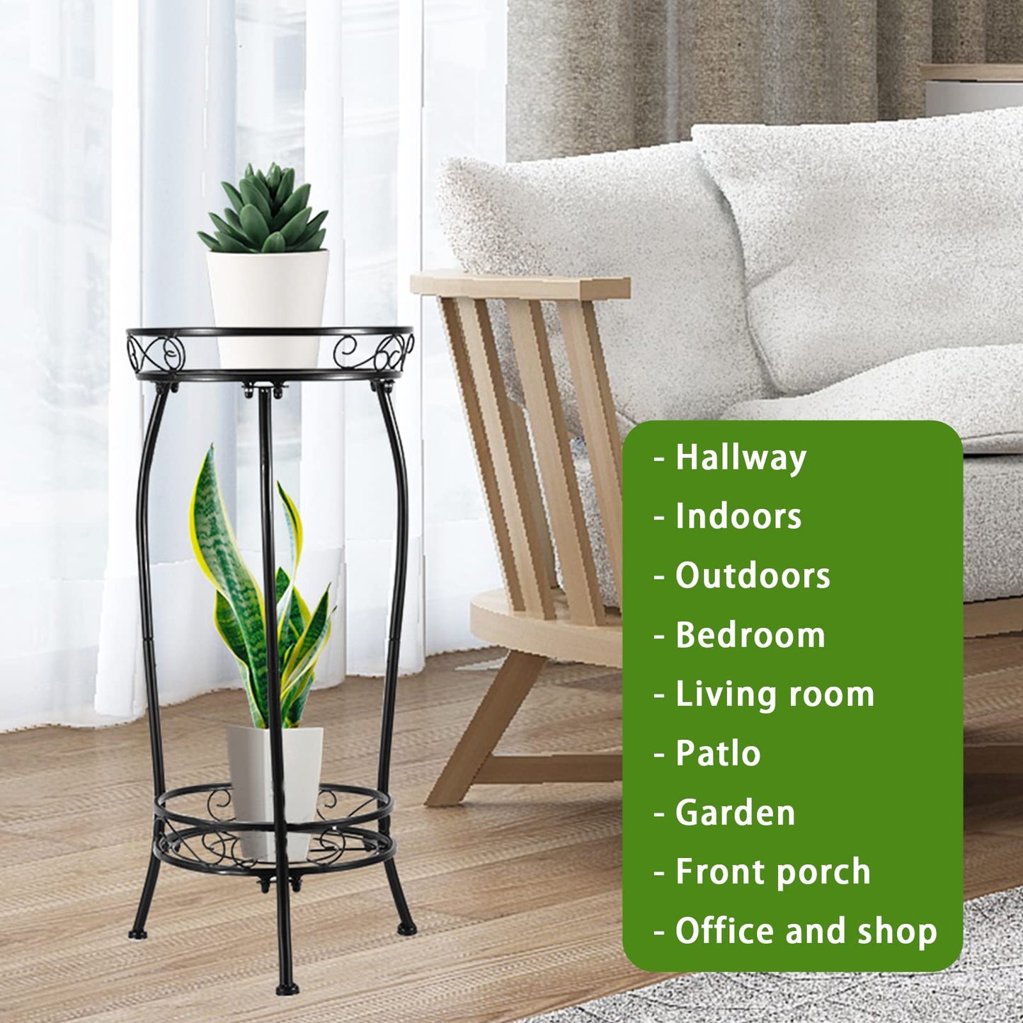 Kavlium 2-Pack Plant Stand Indoor Outdoor,Tall Black Metal Rustproof Stable Plant Stands,2 Tier 27.1 inch Multiple Plant Rack for Planter Corner Garden Living Room & Garden