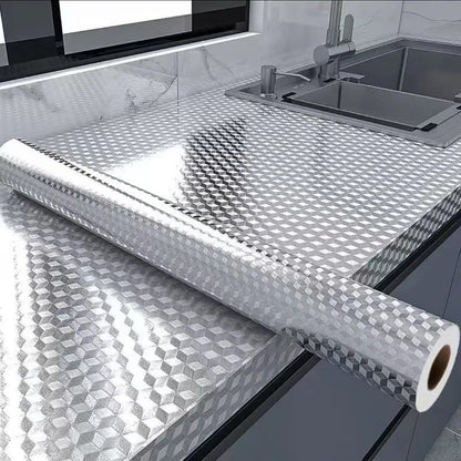 Waterproof & Oil-Resistant Aluminum Foil Peel & Stick Wallpaper - Silver Self-Adhesive Backsplash for Countertops, Cabinets, DIY Projects (Silver Chequer, 15.7"x394")